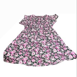 Black Pink Floral Babydoll Dress Cottagecore Fit Flare Mini Womens 2 XL